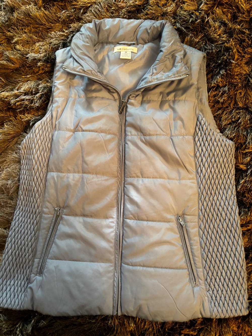 Liz Claiborne Light Gray Quilted Puffer Vest with Textured Side Panels